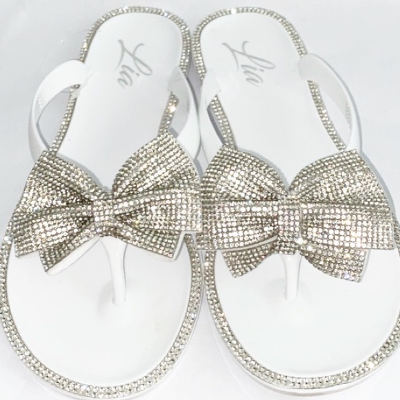 Shoes - White Rhinestone studded bow sandal (New)